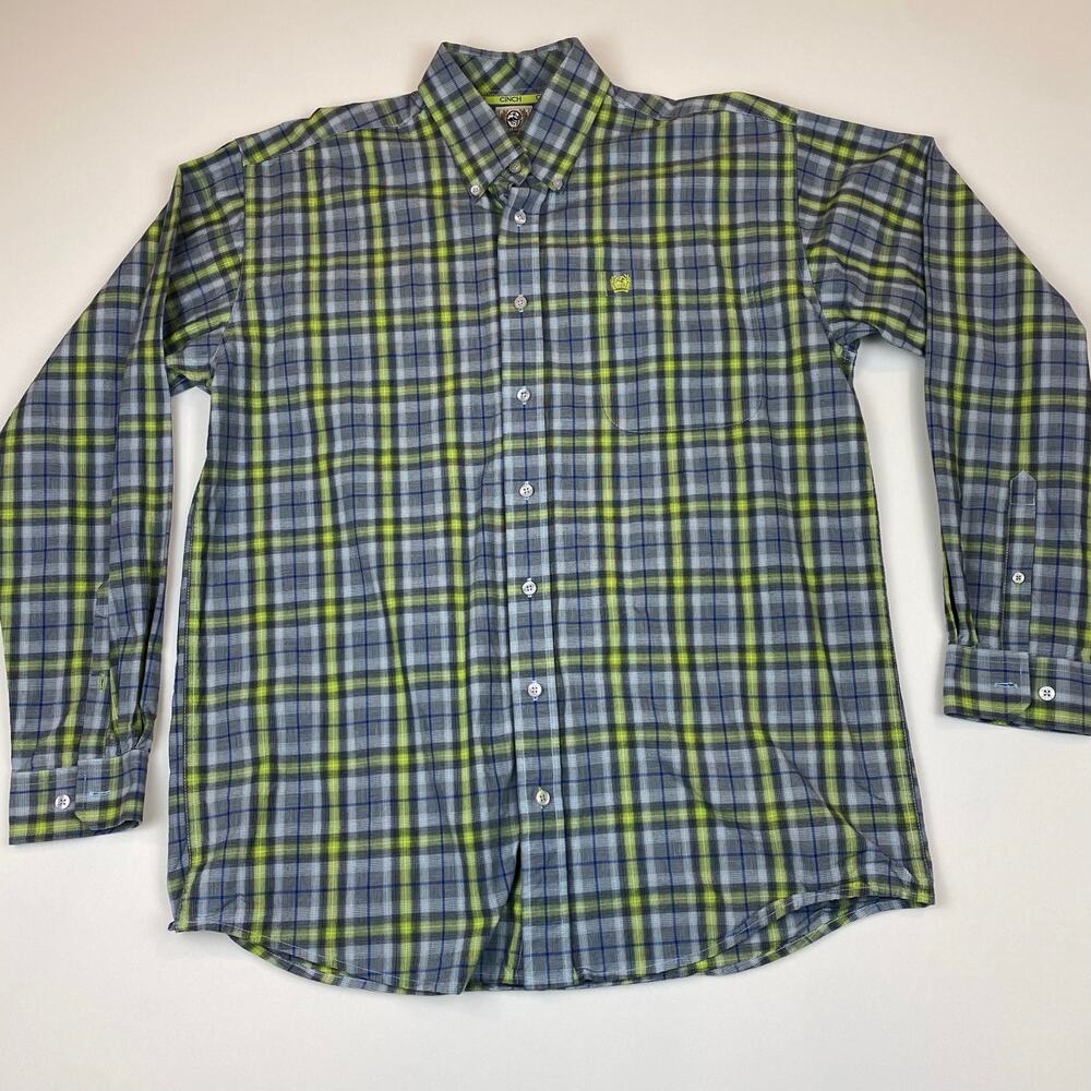 Cinch Long Sleeve 100% Cotton Button Front Blue Lime Green Plaid Shirt Medium